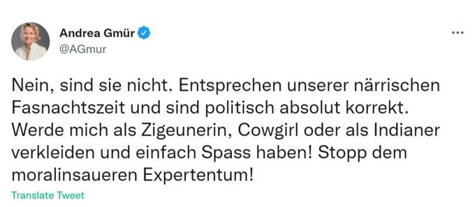 Sind Fasnachtskostüme von ethnischen Minderheitenn rassistisch? Nein, findet Andrea Gmür (Mitte/LU). Mitte Fasnachtskostüme Rassismus