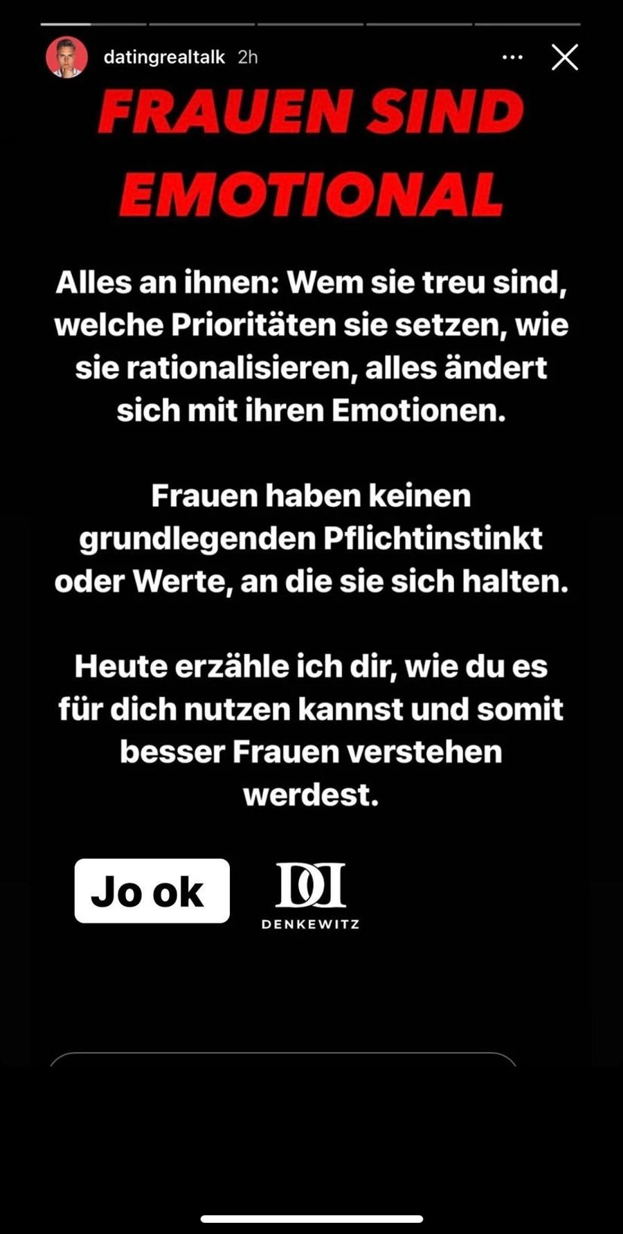 «Frauen haben keinen grundlegenden Pflichtinstinkt oder Werte, an die sie sich halten», schreibt der Dating-Influencer.