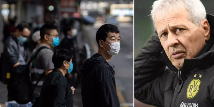 Links: Menschen tragen aus Angst vor dem Coronavirus Schutzmasken. Rechts: Lucien Favre (BVB). BVB Coronavirus