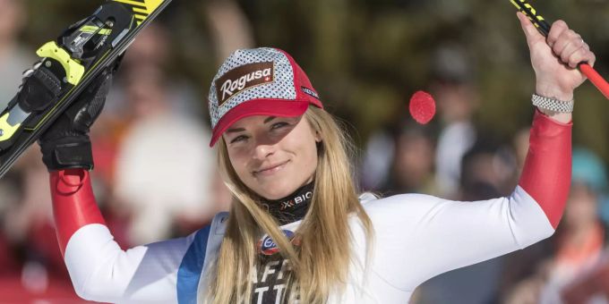 Lara Gut-Behrami nach ihrem Abfahrtssieg in Crans-Montana. Lara Gut-Behrami