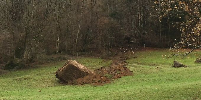 Der abgebrochene Felsen blieb im Wiesland unweit von Wohnhäusern in Bilten GL liegen. bergsturz
