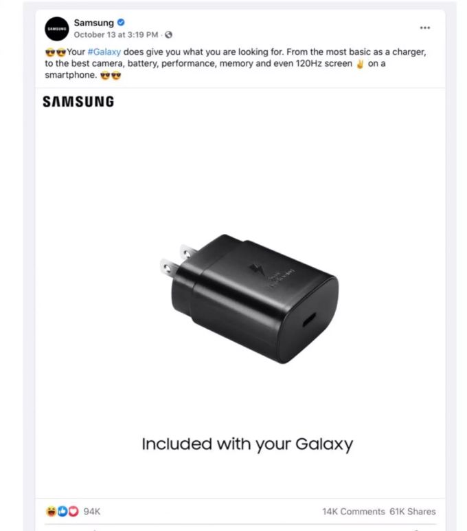 Der damalige Facebookpost von Samsung ist heute nicht mehr sichtbar. Samsung Netzteil