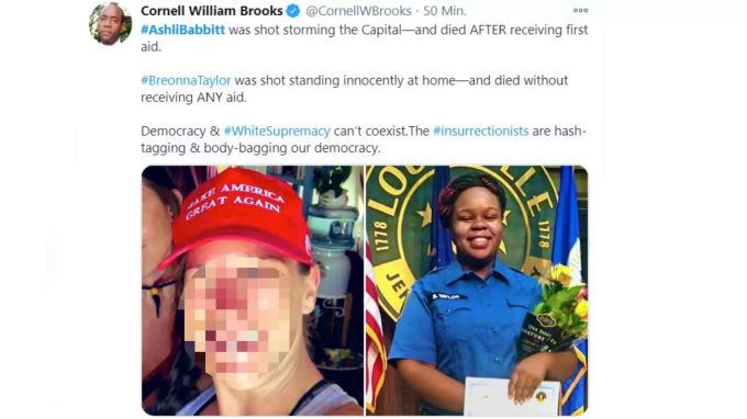 Harvard-Professor Cornell William Brooks berichtet auf Twitter über die Todesopfer des Capitol-Sturms und kritisiert gleichzeitig fehlende Hilfe bei der im März erschossenen afroamerikanischen Breonna Taylor.