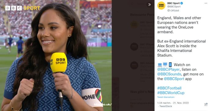 BBC-Expertin Alex Scott machte den Anfang und zeigte vor dem Spiel zwischen England und dem Iran an der WM 2022 in Katar stolz die «One Love»-Binde. WM 2022