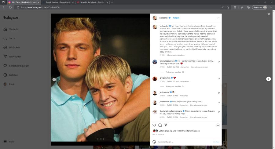 Nick Carter trauert um seinen Bruder Aaron Carter.