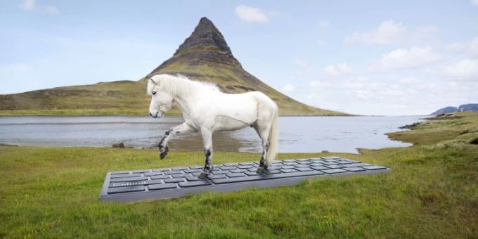 Islandpferd auf riesiger Tastatur von isländischem Panorama Islandpferd auf riesiger Tastatur von isländischem Panorama