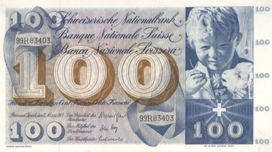 Bei der fünften Serie der Schweizer Banknote hing das Porträt auf der Vorderseite mit dem Sujet auf der Rückseite zusammen.  Auf dem 100er war ein Knabe mit einem Schaf aufgedruckt.