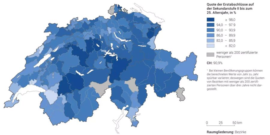 Alles im grünen Bereich (bzw. blauen) in der Schweiz, wenn man die Sek-II-Abschlüsse anschaut. Regional gibt es aber doch Unterschiede.