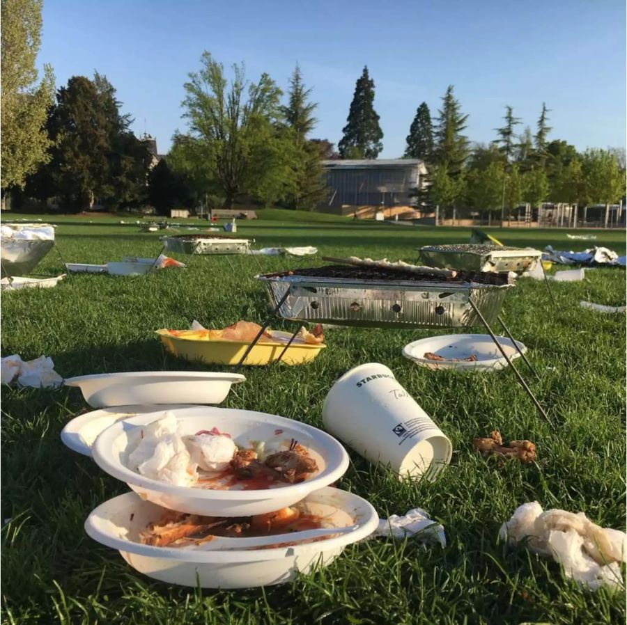 Teller, Becher und sogar Einweggrills liegen am frühen Sonntagmorgen am Ufer des Zürichsees.