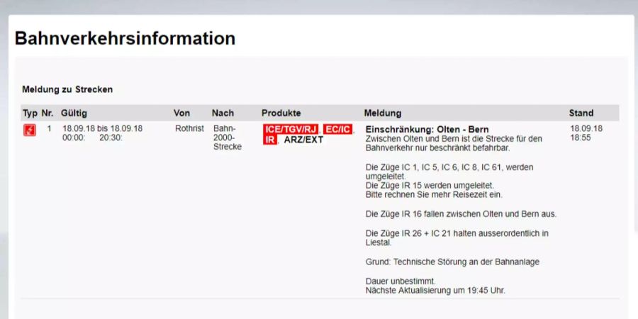 Screenshot von SBB Webseite.