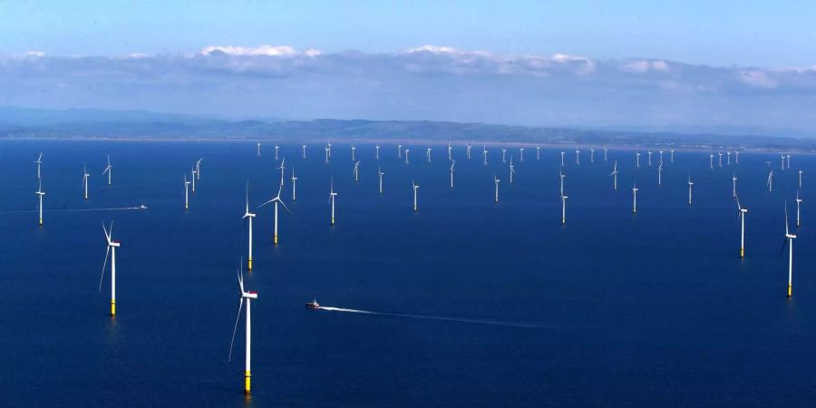 Blick auf den Windpark Walney Extension in der Irischen See vor der Küste von Cumbria (UK).