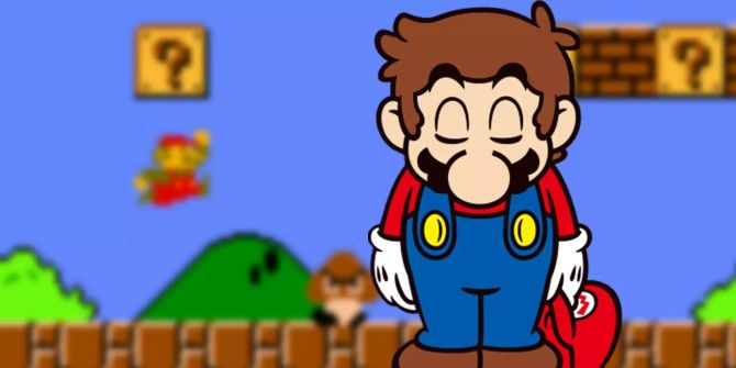 Mario verbeugt sich während im Hintergrund ein Screenshot von Super Mario zu sehen ist.