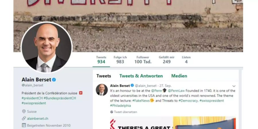 Ein Screenshot des Twitter-Accounts von Alain Berset zeigt: Der Bundespräsident knackt als erster Schweizer Politiker die Marke von 100'000 Followern.