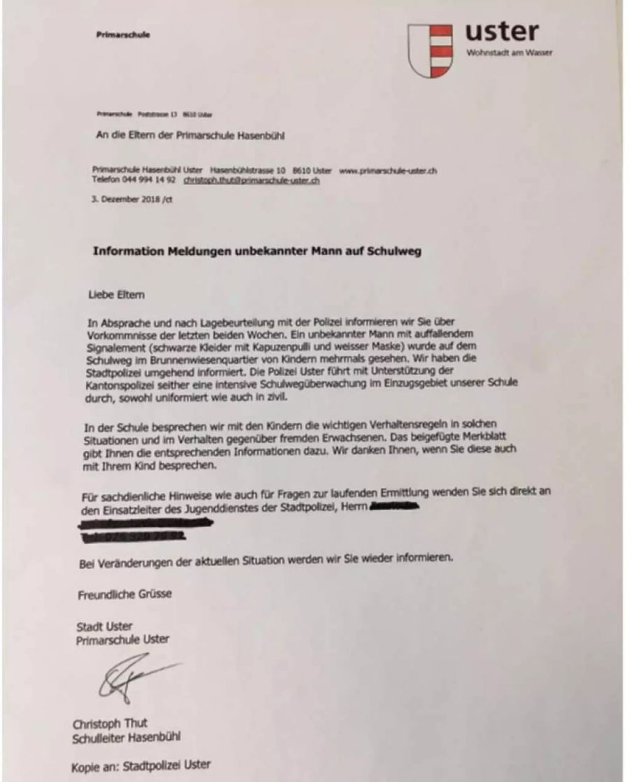 Mit diesem Brief informiert Uster die Eltern.