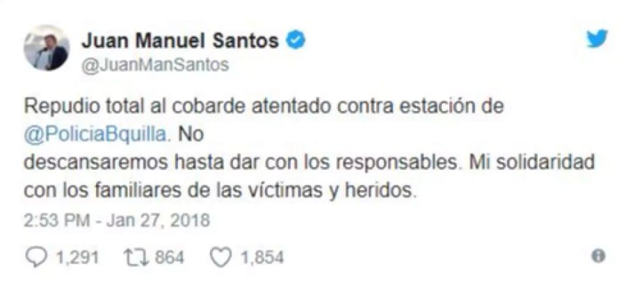 Präsident Juan Manuel Santos meldet sich auf Twitter.