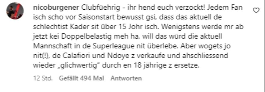 Dieser Anhänger meint: «Jedem Fan ist schon vor Saisonstart bewusst gewesen, dass das aktuell das schlechteste Kader seit über 15 Jahren ist.»