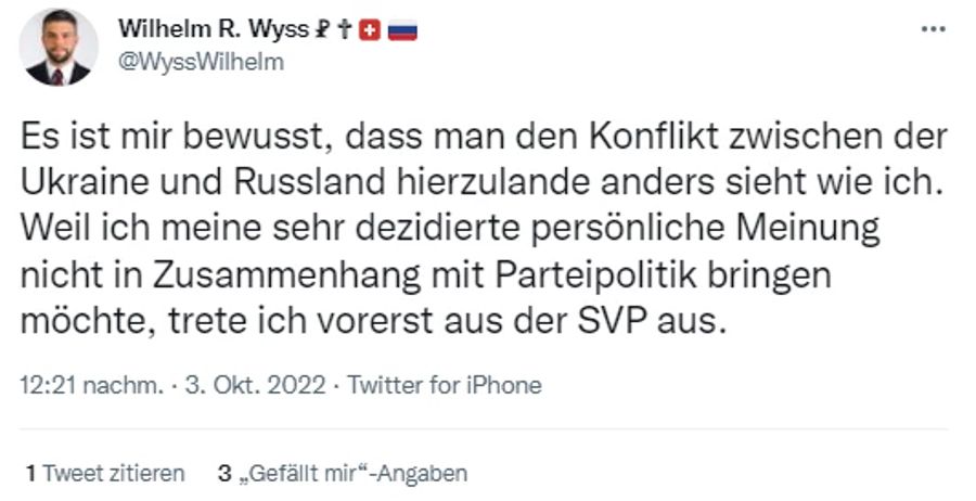 Weil seine Meinung nicht in Zusammenhang mit Parteipolitik bringen will, tritt Wilhelm Wyss vorerst aus der SVP aus.