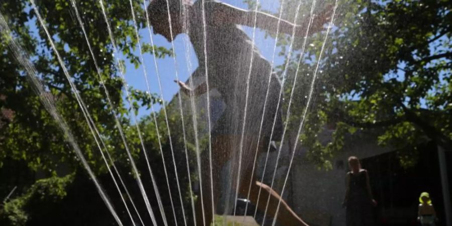 Abkühlung im Garten unter einem Rasensprenger. Foto: Karl-Josef Hildenbrand