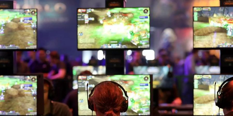 Besucher der Gamescom spielen «World of Warcraft» des Spielentwicklers Blizzard Entertainment. Foto: Oliver Berg/dpa