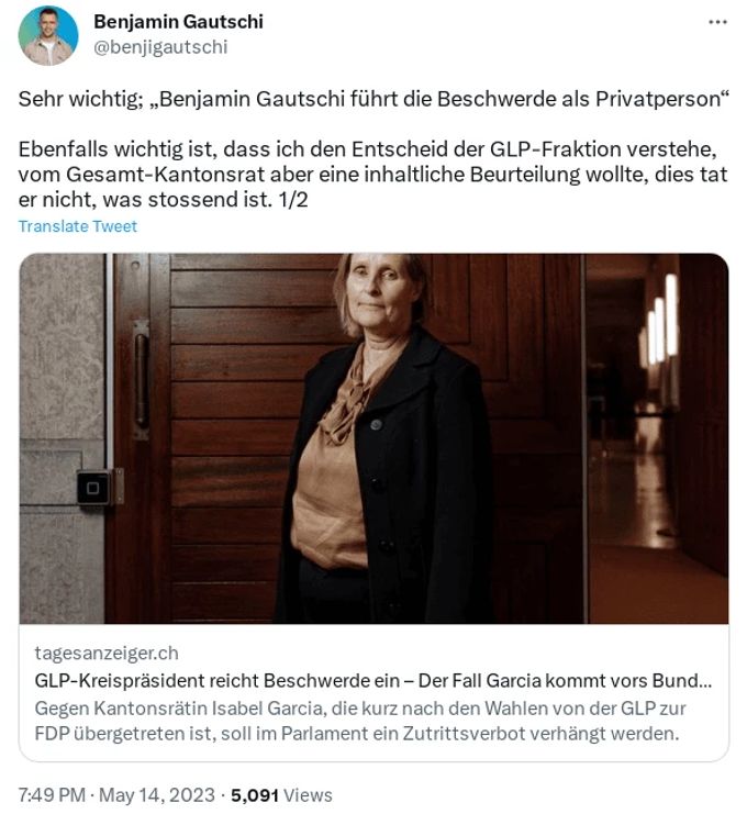 Das Bundesgericht muss sich mit dem Parteiwechsel von Isabel Garcia befassen. Isabel Garcia