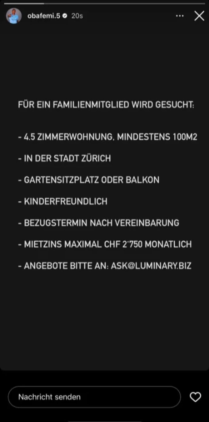 Auf seiner Instagram-Story veröffentlicht der Fussballer Manuel Akanji einige Eckdaten für eine Wohnung. Manuel Akanji
