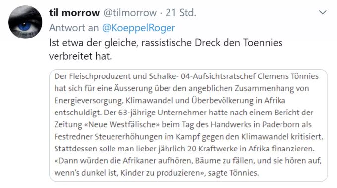 Ein User vergleicht Roger Köppel mit Clemens Tönnies. Tweet Til Morrow