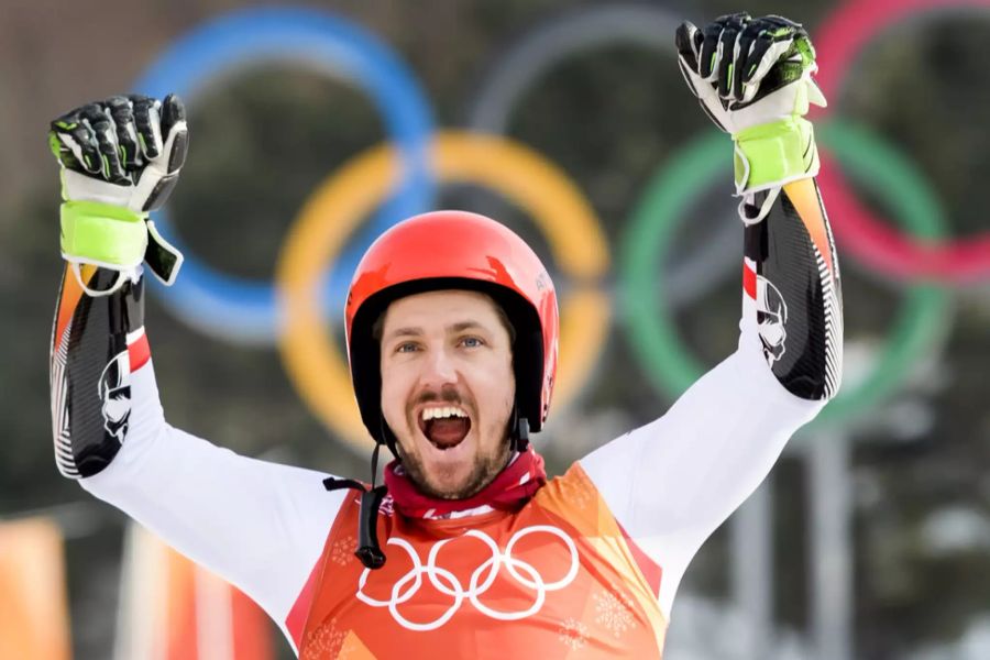 Marcel Hirscher freut sich über die Goldmedaille im Riesenslalom an den Olympischen Spielen in Pyeongchang 2018.