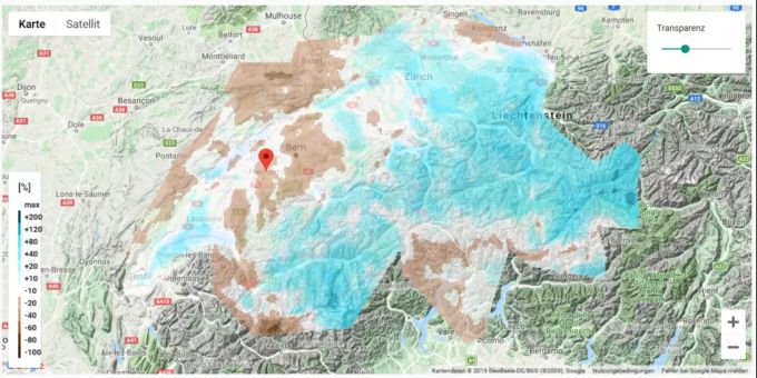 Die «Schweizer Hagel» publiziert die Niederschlagssumme der vergangenen 30 bzw. 60 Tage täglich auf der interaktiven Karte (hier Beispiel 9. Januar 2019). Die Daten sind ein Faktor zur Berechnung der Versicherung. regen