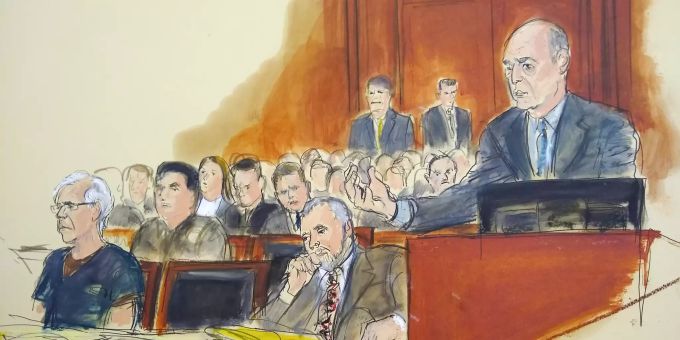 Diese Skizze des Gerichtszeichners zeigt die Anhörung des Angeklagten Jeffrey Epstein vor Gericht mit den Anwälten Reid Weingarten und Martin Weinberg. Jeffrey Epstein