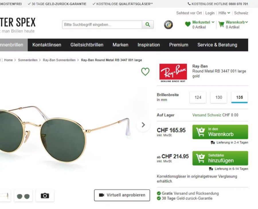 Auf der Homepage wird die Brille sonst für 165 Franken angeboten.