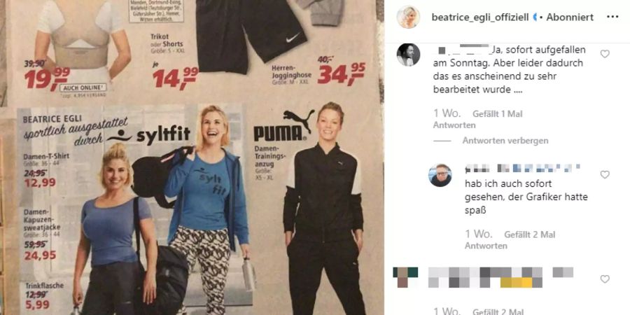 Beatrice Eglis Fans werfen der Kette Syltfit Photoshop vor.