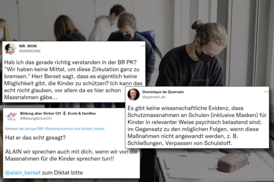 Schüler der Kantonsschule Wiedikon mit Masken. Twitter-User reagieren irritiert nach Aussagen von Bundesrat Berset zu Massnahmen in Schulen.