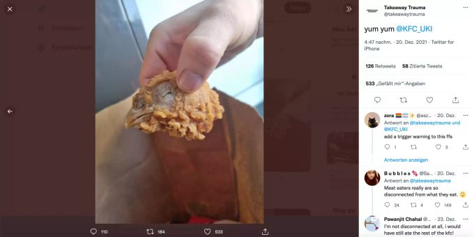 Das Foto des Hühnerkopfes auf Twitter.