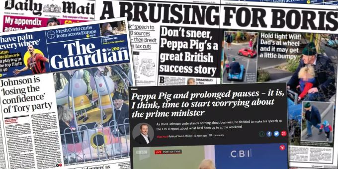 «Beule für Boris», Vertrauensverlust bei der eigenen Partei und Zweifel an den Boris Johnson generell in der britischen Presse nach seinem Abstecher zu «Peppa Wutz». Boris Johnson Peppa Wutz