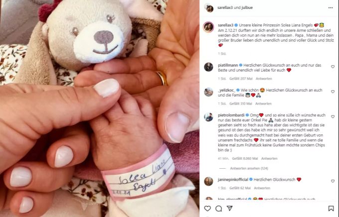 Sarah Engels gab auf Instagram die Geburt ihrer Tochter bekannt. sarah engels