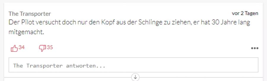 Dieser User findet es merkwürdig, dass der Pilot keine Verantwortung übernehmen will.