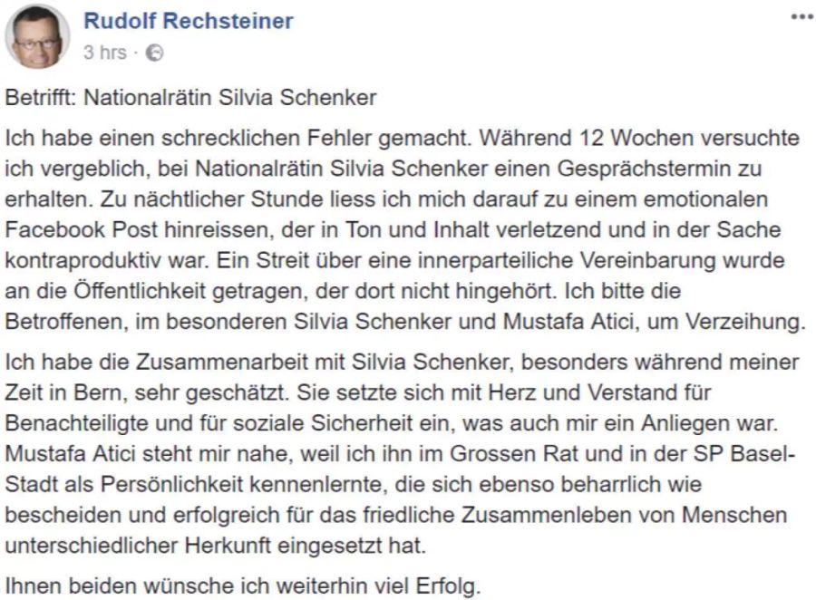 Entschuldigungs-Post von Ruedi Rechsteiner