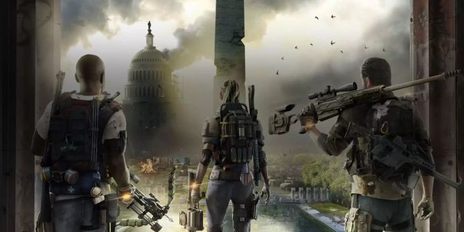 The Division 2: Drei Personen stehen mit Waffen vor dem Weissen Haus.