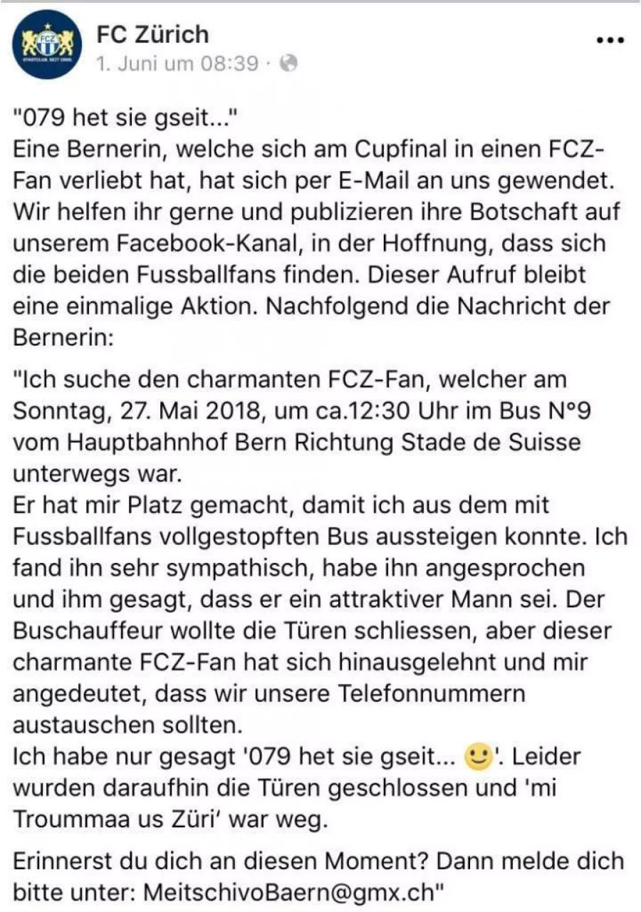 Der Post, mit dem der FCZ der Bernerin hilft, ihren Schatz zu suchen.