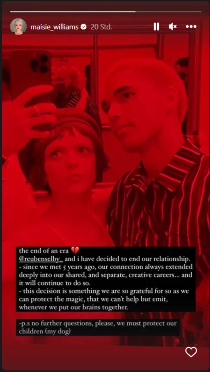 Maisie Williams gibt auf Instagram-Story ihr Liebes-Ende mit Reuben Selby bekannt. maisie williams