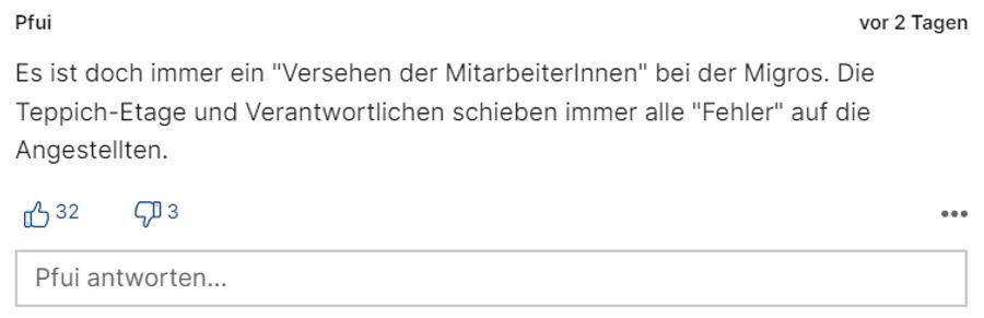 «Pfui» ist es leid, dass die Migros Fehler auf die Angestellten abschieben will.