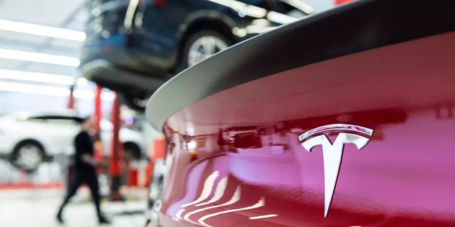 Das Logo des Fahrzeugherstellers Tesla auf einem Fahrzeug in einem Tesla Service Center. Foto: Silas Stein