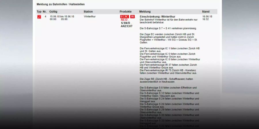 Die aktuellsten Störungsmeldungen in Winterthur. Erst am Montagmorgen soll der Zugverkehr wieder normal rollen.