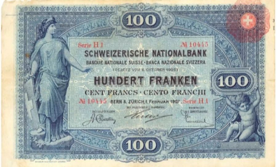 Bei der 1. Banknotenserie gab es 50er-, 100er-, 500er- und 1000er-Noten. Auf dem 100er aufgedruckt war Helvetia.