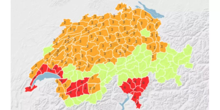 Die aktualisierte Hitze-Gefahrenstufenkarte der Schweiz.