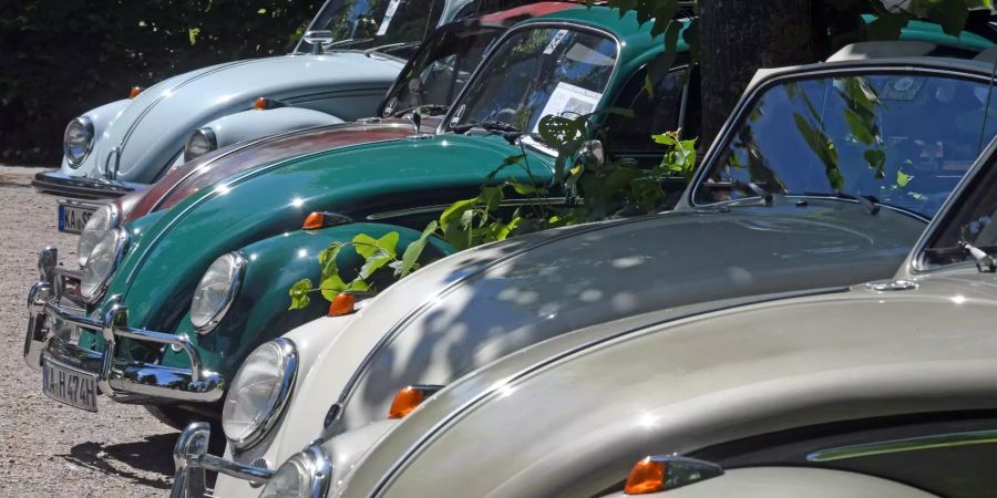 Bei der Oldtimershow «Tribut an Carl Benz» in Karlsruhe (D) werden verschiedene historische VW-Käfer präsentiert.