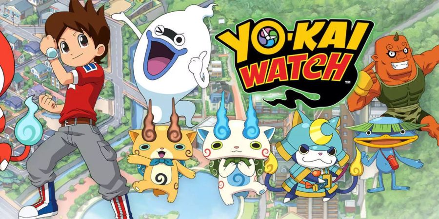 Einige Charaktere der Yo-kai Watch Reihe stehen vor einer Stadt.