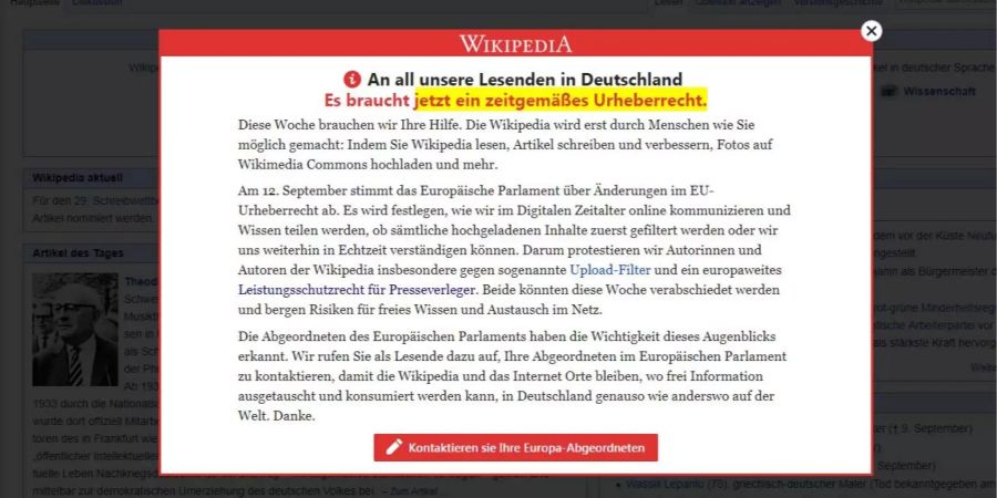 Der Screenshot zeigt eine Vorschalt-Seite der freien Internet-Enzyklopädie Wikipedia, auf der zum Protest gegen die geplante Reform des europäischen Urheberrechts aufgerufen wird.