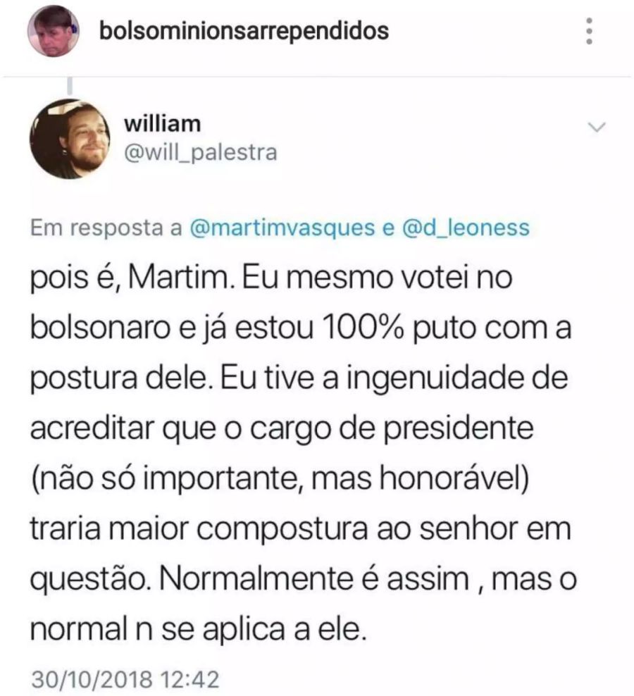 Ein enttäuschter Bolsonaro-Fan postet auf Instagram als Antwort auf einen anderen Post: «Stimmt, Martin. Ich habe ebenfalls Bolsonaro gewählt und bin schon 100 Prozent stinksauer auf seine Haltung. Ich war so naiv zu glauben, das Amt des Präsidenten führe zu mehr Anstand beim besagten Herrn. Normalerweise ist das so, aber normal trifft bei ihm nicht zu.»