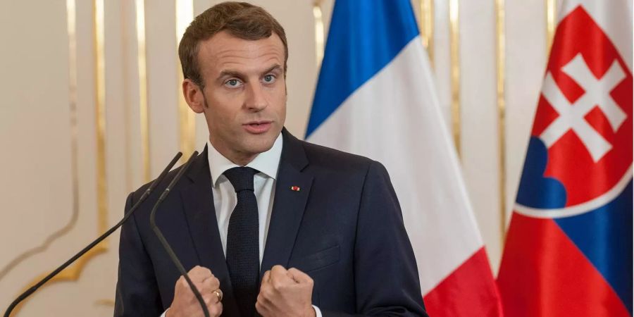 Emmanuel Macron, Präsident von Frankreich, spricht bei einer gemeinsamen Pressekonferenz mit dem slowakischen Präsidenten Kiska.